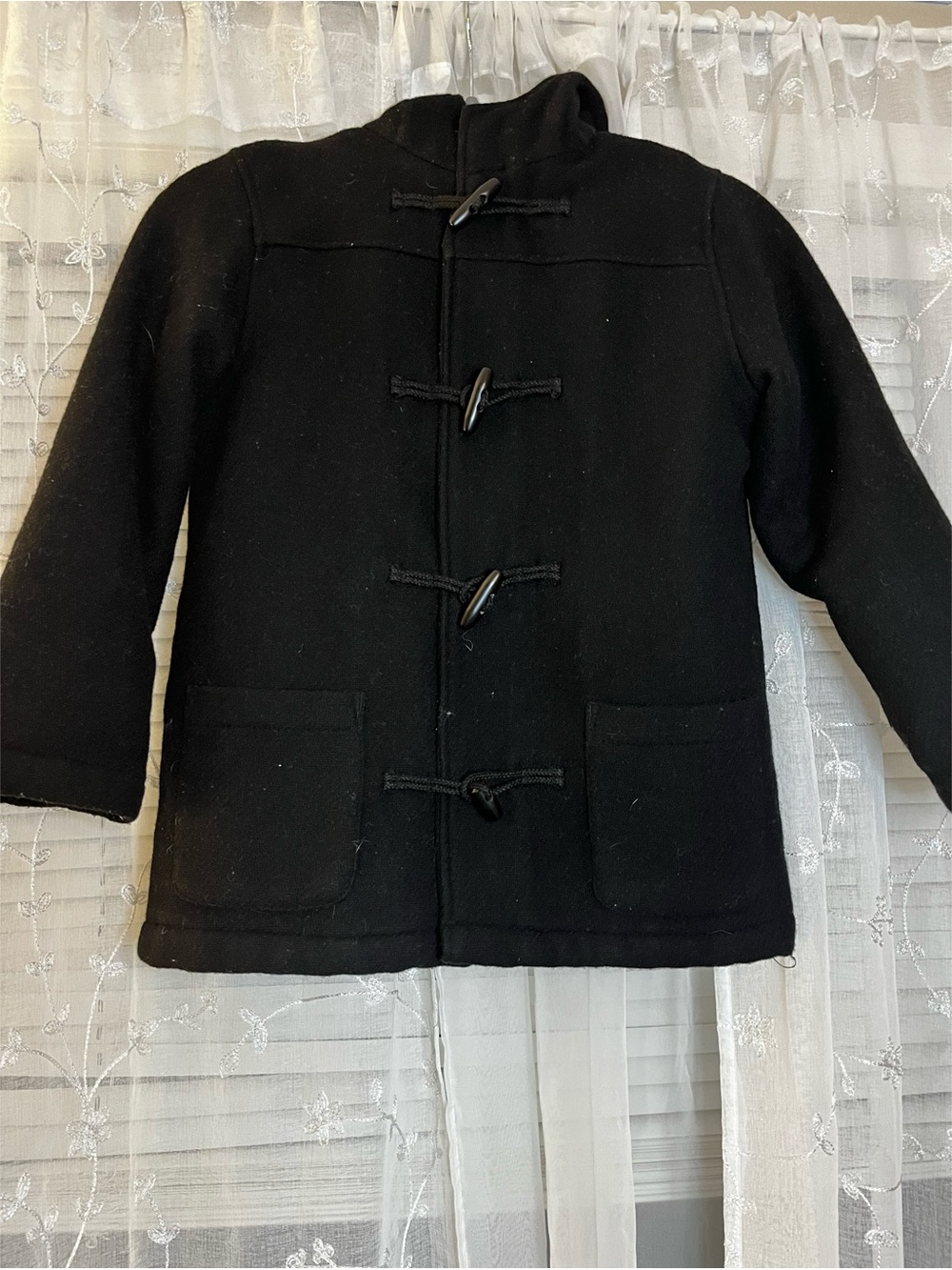 The Childrens Place Black Toggle Duffle Coat Hooded Plaid Winter Size 7/8